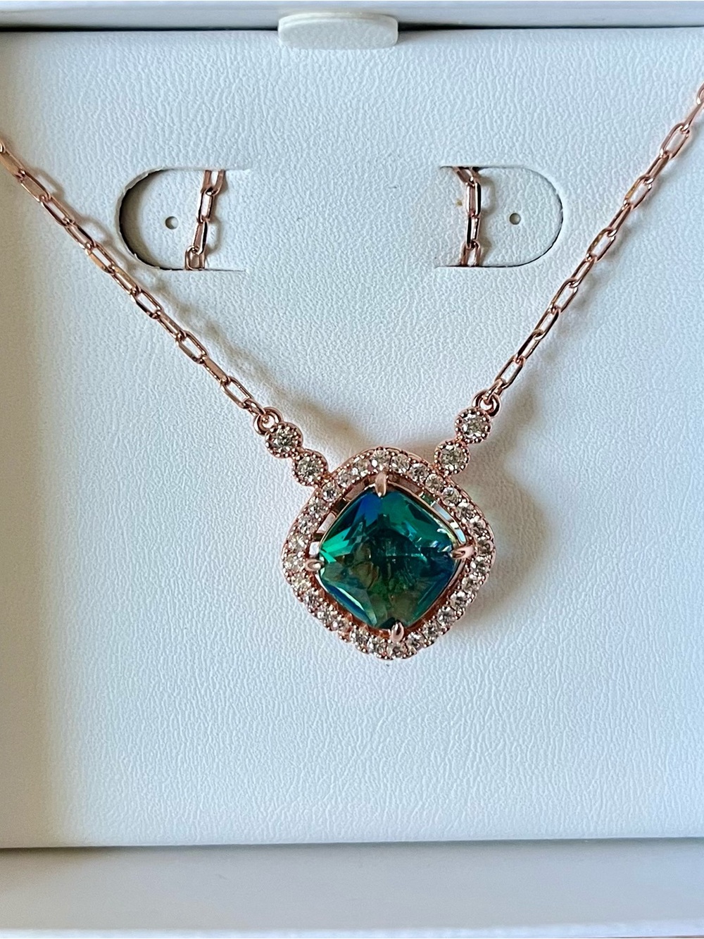 BP Retro RBP2959 Rose Gold Necklace with Teal Cushion Gemstone & Halo Pendant